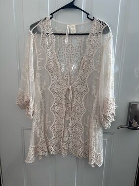Forgotten Grace Sheer Crochet Lace Kimono Cover-Up in Cream 2x